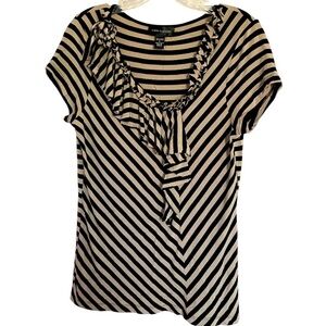 Cable and Gauge Black and Tan Striped Women's Top short sleeve stretchy V neck L